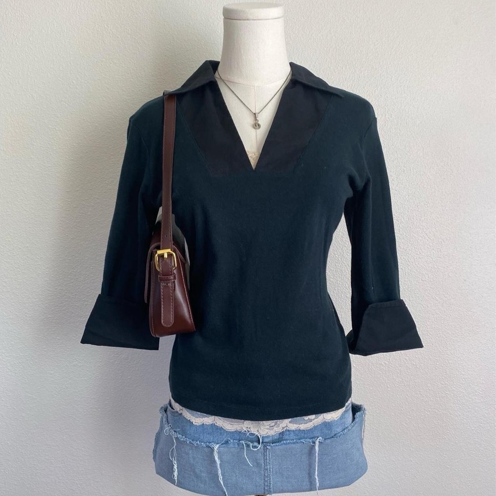 Vintage Y2K Xhilaration Black V Neck Collar 3/4 Sleeve Top Preppy Casual Goth
